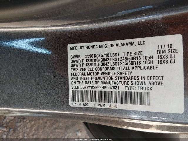 Продажа на аукционе авто 2017 Honda Ridgeline Rtl-t, vin: 5FPYK2F69HB007621, номер лота: 45734221