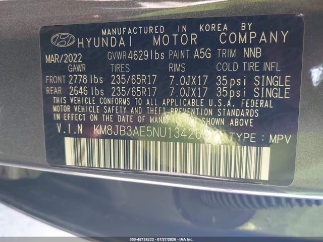 2022 Hyundai Tucson Sel მანქანა იყიდება აუქციონზე, vin: KM8JB3AE5NU134265, აუქციონის ნომერი: 45734222