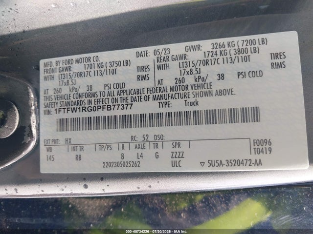 Продаж на аукціоні авто 2023 Ford F-150 Raptor, vin: 1FTFW1RG0PFB77377, номер лоту: 45734226
