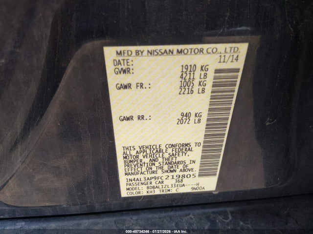 Nissan Altima 2.5 Sv 2015 1N4AL3AP9FC219805 Image 9