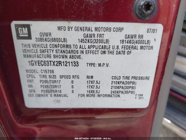 Продаж на аукціоні авто 2002 Cadillac Escalade Standard, vin: 1GYEC63TX2R121133, номер лоту: 45734254