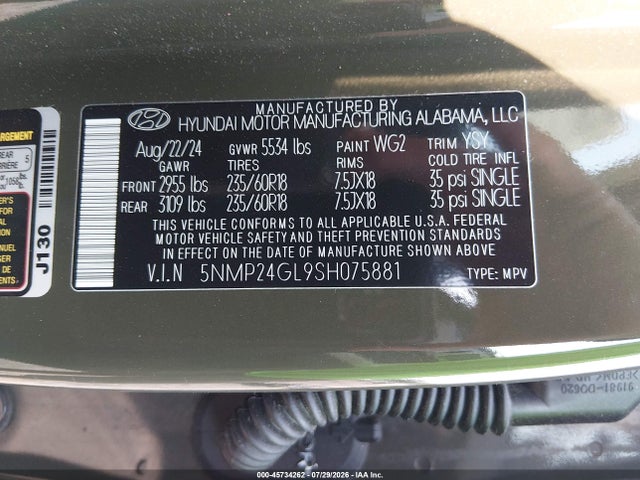 Продажа на аукционе авто 2025 Hyundai Santa Fe Sel, vin: 5NMP24GL9SH075881, номер лота: 45734262