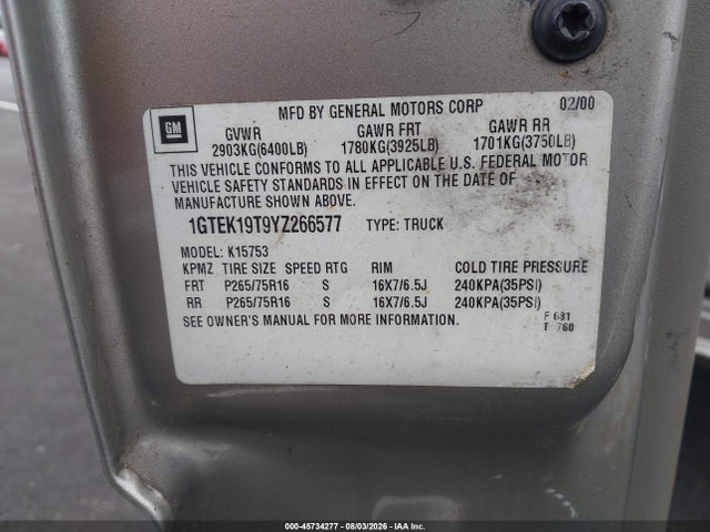 2000 Gmc Sierra 1500 Sle მანქანა იყიდება აუქციონზე, vin: 1GTEK19T9YZ266577, აუქციონის ნომერი: 45734277