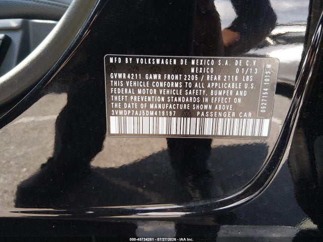 2013 Volkswagen Jetta 2.5l Se მანქანა იყიდება აუქციონზე, vin: 3VWDP7AJ5DM419197, აუქციონის ნომერი: 45734281