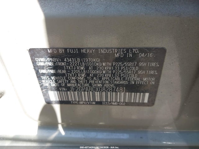 2016 Subaru Crosstrek 2.0i Premium მანქანა იყიდება აუქციონზე, vin: JF2GPABCXG8287481, აუქციონის ნომერი: 45734293