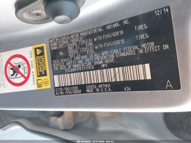 5TDJKRFH1FS117656 Toyota Highlander Xle V6