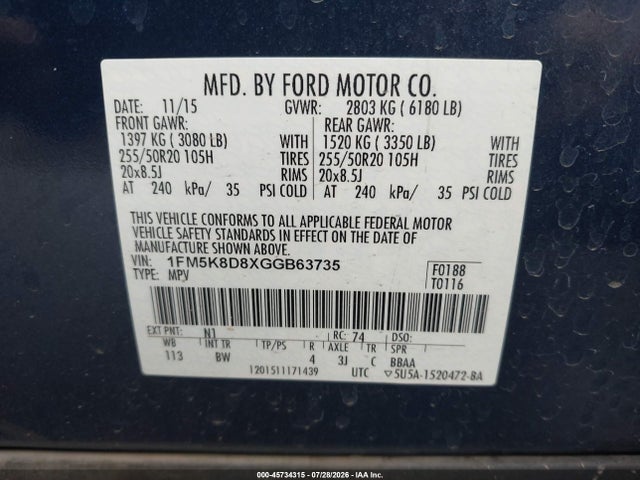 Продажа на аукционе авто 2016 Ford Explorer Xlt, vin: 1FM5K8D8XGGB63735, номер лота: 45734315