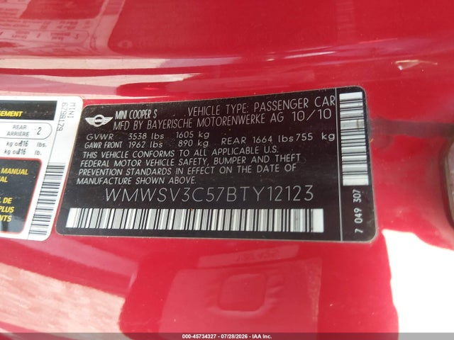 Aukcja sprzedaży 2011 Mini Cooper S, vin: WMWSV3C57BTY12123, numer aukcji: 45734327