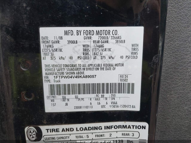 Продажа на аукционе авто 2009 Ford F-150 Fx4/xlt, vin: 1FTPW04V49KA89057, номер лота: 45734336