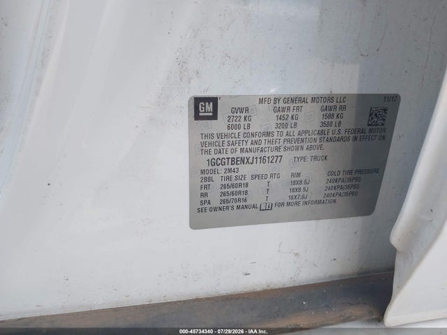 Продаж на аукціоні авто 2018 Chevrolet Colorado Wt, vin: 1GCGTBENXJ1161277, номер лоту: 45734340