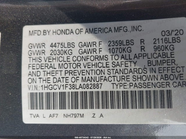 1HGCV1F38LA082887 Honda Accord Sport