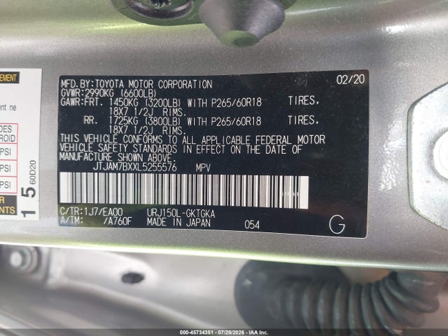 45734351 :رقم المزاد ، JTJAM7BXXL5255576 vin ، 2020 Lexus Gx 460 Premium مزاد بيع
