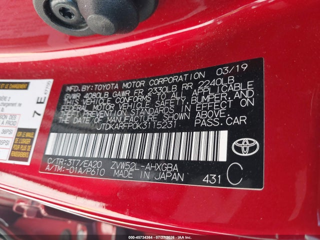 Продаж на аукціоні авто 2019 Toyota Prius Prime Premium, vin: JTDKARFP0K3115231, номер лоту: 45734364