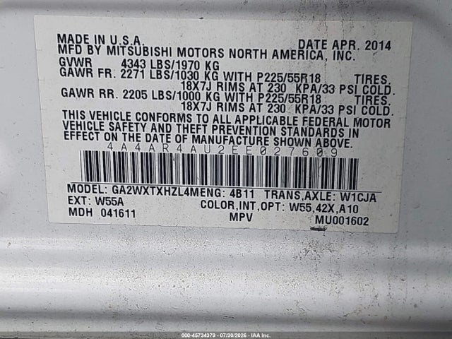 2014 Mitsubishi Outlander Sport Se მანქანა იყიდება აუქციონზე, vin: 4A4AR4AU2EE027609, აუქციონის ნომერი: 45734379