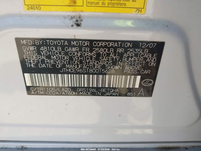 45734408 :رقم المزاد ، JTHCE96S180015628 vin ، 2008 Lexus Gs 350 مزاد بيع