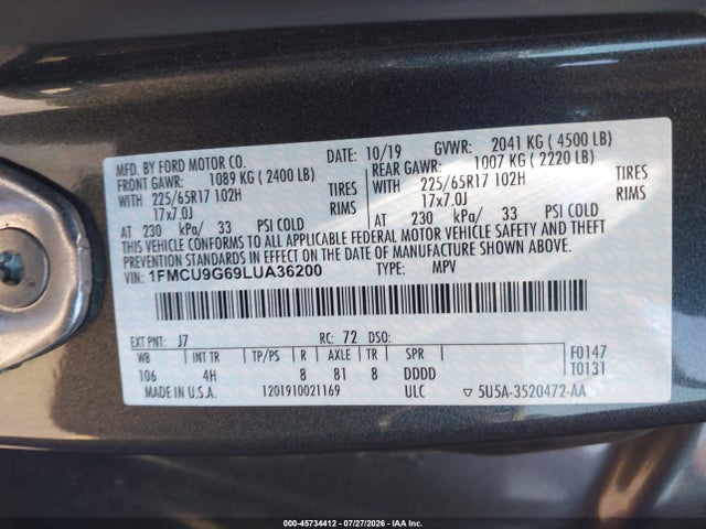 Ford ESCAPE SE 2020 1FMCU9G69LUA36200 Image 9