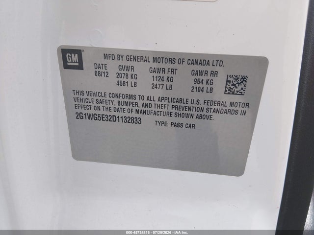 Aukcja sprzedaży 2013 Chevrolet Impala Lt, vin: 2G1WG5E32D1132833, numer aukcji: 45734416