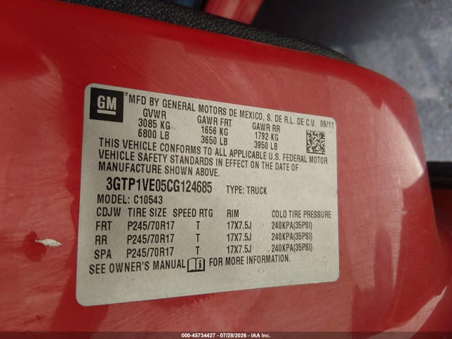 45734427 :رقم المزاد ، 3GTP1VE05CG124685 vin ، 2012 Gmc Sierra 1500 Sle مزاد بيع