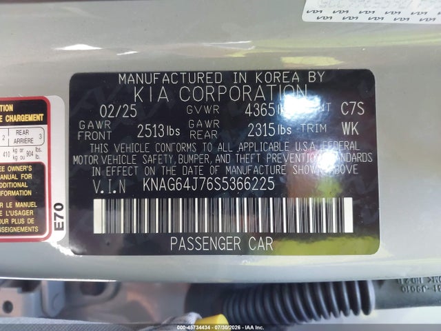 Продажа на аукционе авто 2025 Kia K5 Gt-line, vin: KNAG64J76S5366225, номер лота: 45734434