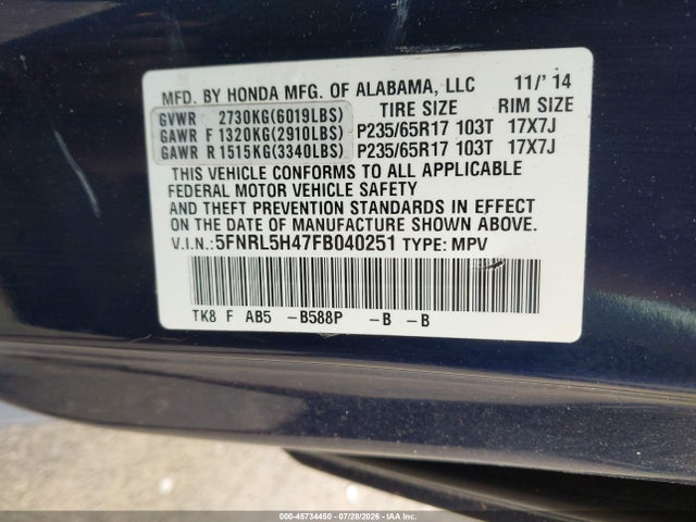 Продаж на аукціоні авто 2015 Honda Odyssey Ex, vin: 5FNRL5H47FB040251, номер лоту: 45734450
