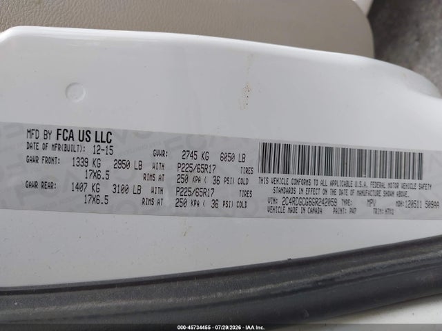 2016 Dodge Grand Caravan Sxt მანქანა იყიდება აუქციონზე, vin: 2C4RDGCG6GR242059, აუქციონის ნომერი: 45734455