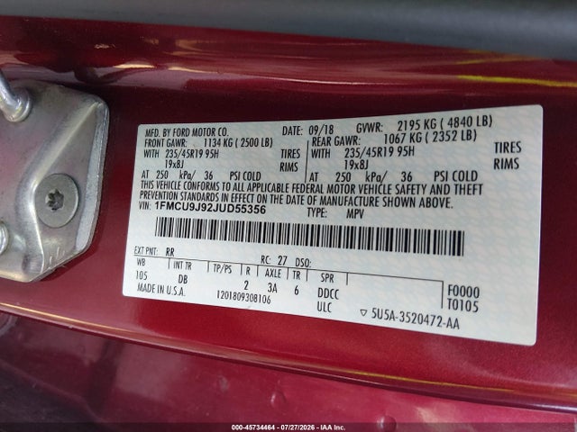 1FMCU9J92JUD55356 Ford Escape Titanium