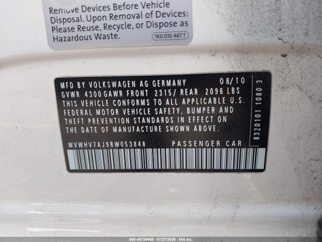 2011 Volkswagen Gti 4-door მანქანა იყიდება აუქციონზე, vin: WVWHV7AJ9BW053848, აუქციონის ნომერი: 45734469