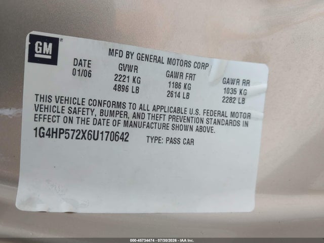 45734474 :رقم المزاد ، 1G4HP572X6U170642 vin ، 2006 Buick Lucerne Cx مزاد بيع