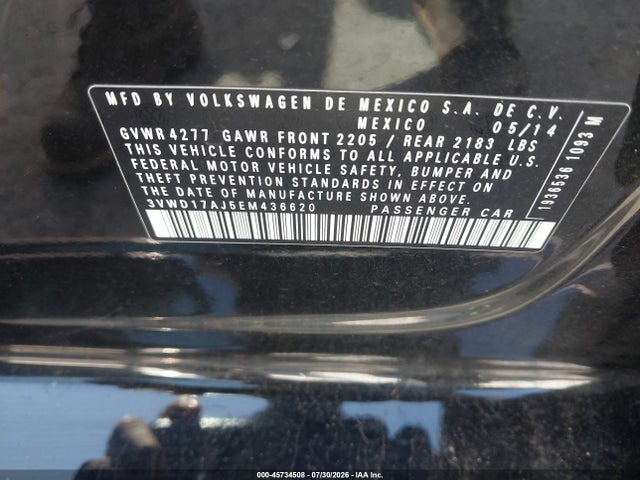 Продажа на аукционе авто 2014 Volkswagen Jetta 1.8t Se, vin: 3VWD17AJ5EM436620, номер лота: 45734508