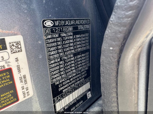 2019 Land Rover Range Rover 3.0l V6 Supercharged Hse მანქანა იყიდება აუქციონზე, vin: SALGS2SV7KA539380, აუქციონის ნომერი: 45734530