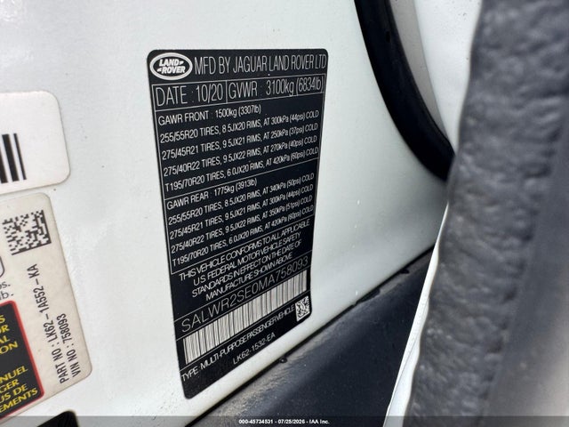 45734531 :رقم المزاد ، SALWR2SE0MA758093 vin ، 2021 Land Rover Range Rover Sport Hse Dynamic مزاد بيع