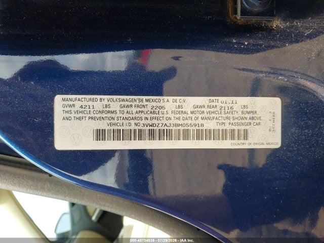45734539 :رقم المزاد ، 3VWDZ7AJ3BM055918 vin ، 2011 Volkswagen Jetta 2.5l Se مزاد بيع
