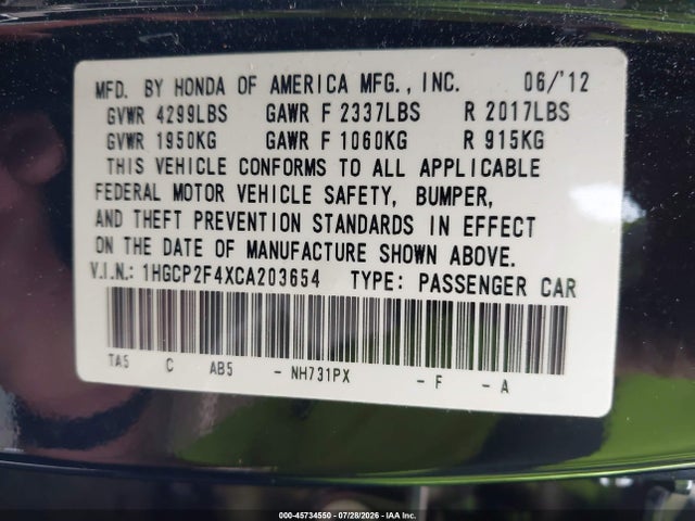 2012 Honda Accord 2.4 Lx-p მანქანა იყიდება აუქციონზე, vin: 1HGCP2F4XCA203654, აუქციონის ნომერი: 45734550