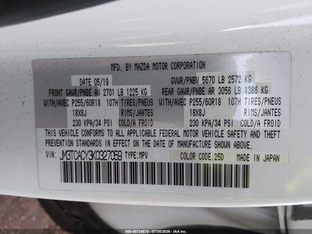 Продажа на аукционе авто 2019 Mazda Cx-9 Touring, vin: JM3TCACY3K0327059, номер лота: 45734570