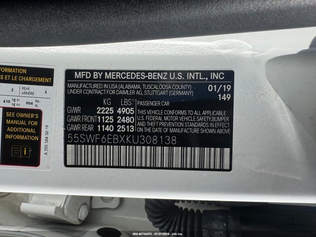 45734572 :رقم المزاد ، 55SWF6EBXKU308138 vin ، 2019 Mercedes-benz Amg C 43 4matic مزاد بيع