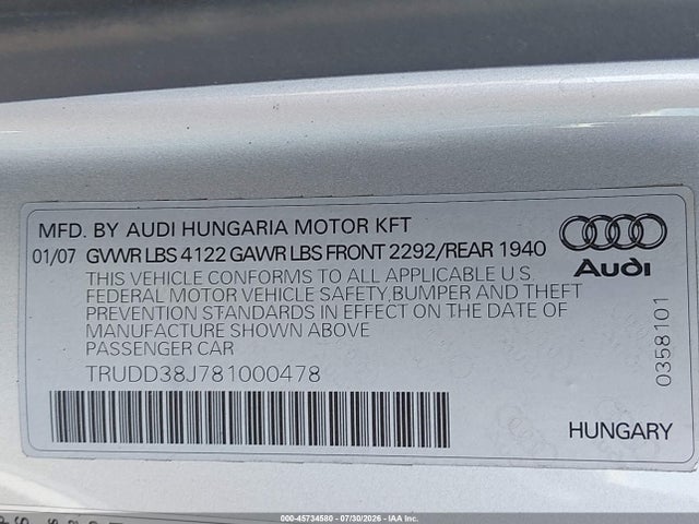 Продаж на аукціоні авто 2008 Audi Tt 3.2, vin: TRUDD38J781000478, номер лоту: 45734580