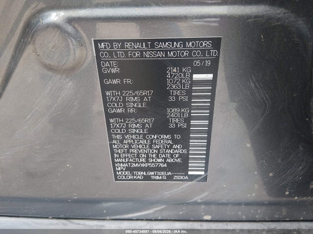 2019 Nissan Rogue Sv მანქანა იყიდება აუქციონზე, vin: KNMAT2MVXKP557764, აუქციონის ნომერი: 45734597