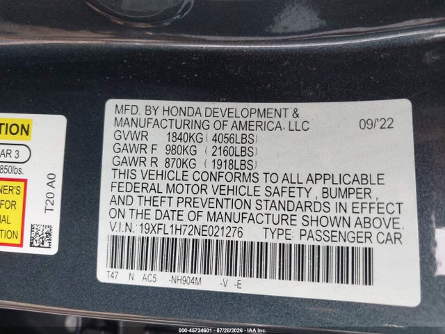 19XFL1H72NE021276 Honda Civic Ex-l