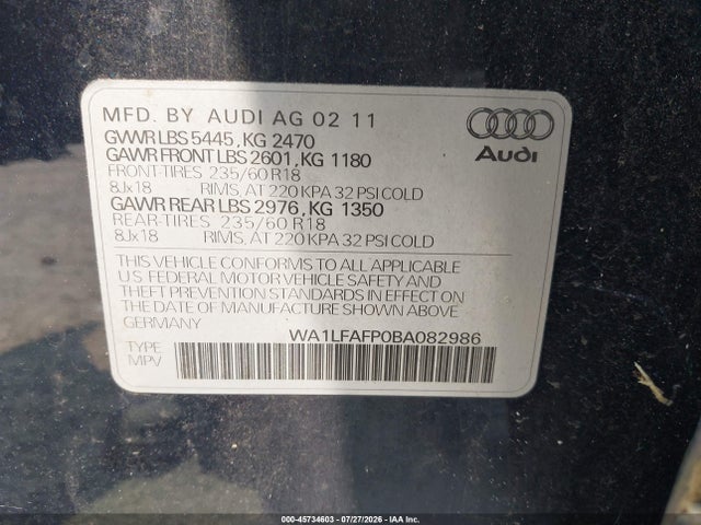 Продажа на аукционе авто 2011 Audi Q5 2.0t Premium, vin: WA1LFAFP0BA082986, номер лота: 45734603