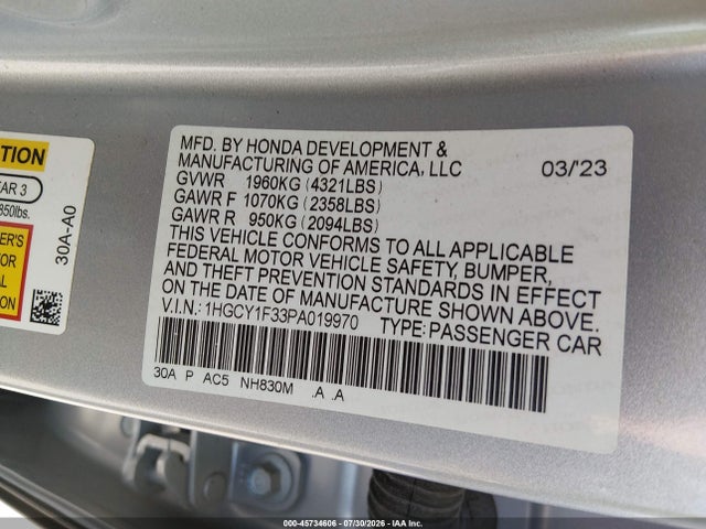 Продажа на аукционе авто 2023 Honda Accord Ex, vin: 1HGCY1F33PA019970, номер лота: 45734606
