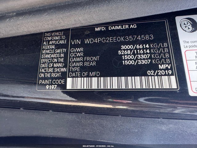 Aukcja sprzedaży 2019 Mercedes-benz Metris, vin: WD4PG2EE0K3574583, numer aukcji: 45734630