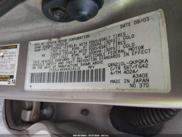 Aukcja sprzedaży 2004 Toyota 4runner Sr5 V6, vin: JTEZU14R940018119, numer aukcji: 45734641