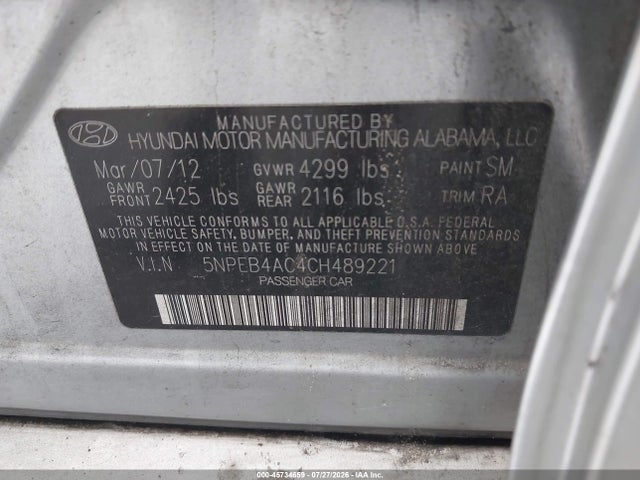 2012 Hyundai Sonata Gls მანქანა იყიდება აუქციონზე, vin: 5NPEB4AC4CH489221, აუქციონის ნომერი: 45734659