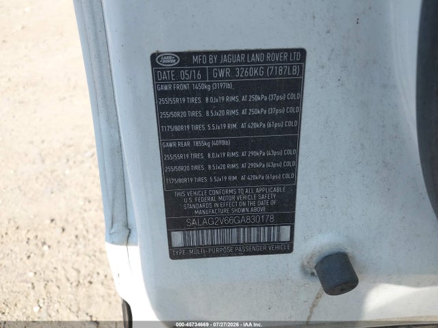 45734669 :رقم المزاد ، SALAG2V66GA830178 vin ، 2016 Land Rover Lr4 مزاد بيع