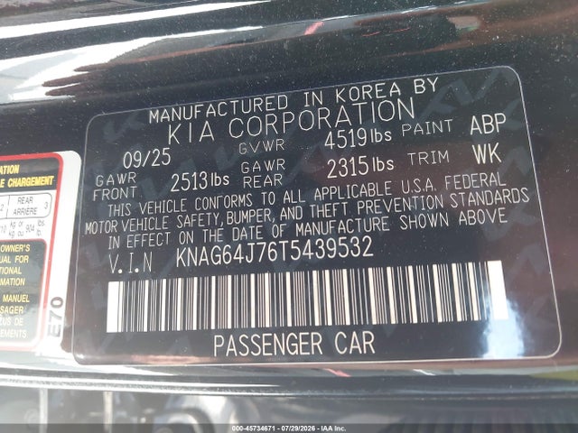 Aukcja sprzedaży 2026 Kia K5 Gt-line Awd, vin: KNAG64J76T5439532, numer aukcji: 45734671