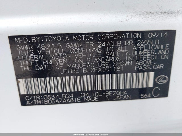 Aukcja sprzedaży 2015 Lexus Gs 350, vin: JTHBE1BLXFA001181, numer aukcji: 45734672