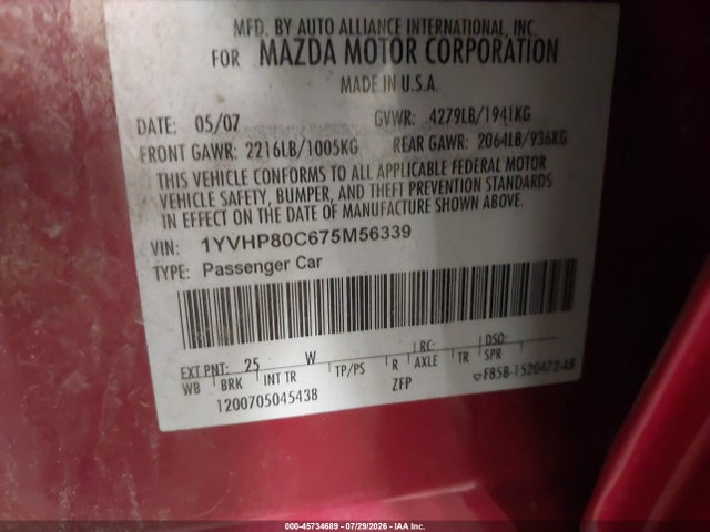 Aukcja sprzedaży 2007 Mazda Mazda6 I Sport Ve, vin: 1YVHP80C675M56339, numer aukcji: 45734689
