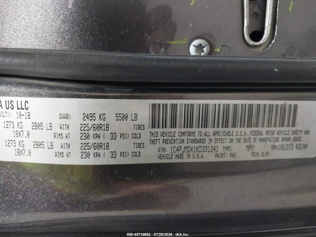 45734692 :رقم المزاد ، 1C4PJMDX1KD331241 vin ، 2019 Jeep Cherokee Limited 4x4 مزاد بيع