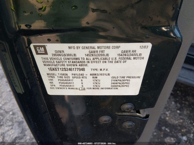 Aukcja sprzedaży 2004 Gmc Envoy Xuv Sle, vin: 1GKET12S246177948, numer aukcji: 45734693