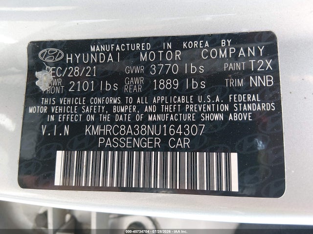 Aukcja sprzedaży 2022 Hyundai Venue Sel, vin: KMHRC8A38NU164307, numer aukcji: 45734704